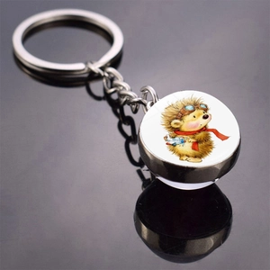 Double-sided glass ball keychain featuring a cute cartoon hedgehog with silver metal ring