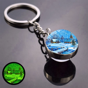 Luminous Christmas Snow Scene Glass Ball Keychain Glow In The Dark Zinc Alloy Double Sided Winter Cabin Reindeer Key Ring Gift