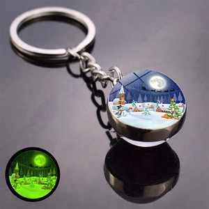 Close-up of luminous Christmas keychain featuring snowman and reindeer on glass pendant