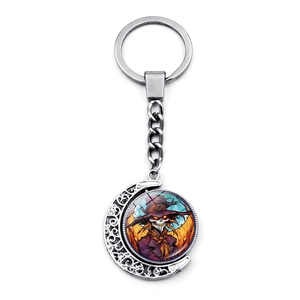 Rotating Halloween keychain with moon frame and double-sided scarecrow graphic