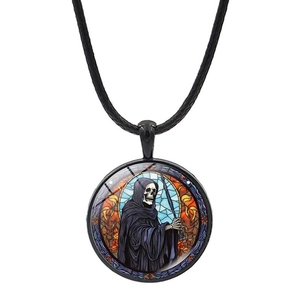 Halloween grim reaper necklace with stained glass art pendant on black cord