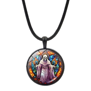 Gothic Halloween Skull Pumpkin Pendant Necklace Zinc Alloy Glass And Leather Rope Stained Glass Style Unisex Jewelry