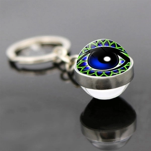 Evil Eye keychain with glass ball pendant and kaleidoscope blue eye pattern on silver ring