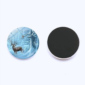 Dettagli fronte e retro del magnete da frigo 25mm con cervo e paesaggio innevato
