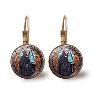 Close-up of Halloween leverback earrings featuring stained glass style Grim Reaper skull