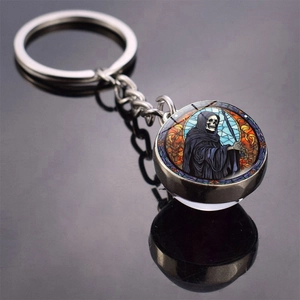 Gothic grim reaper keychain with double-sided glass ball and colorful cathedral patterns