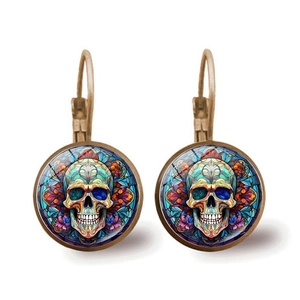 Artistic Halloween skull and colorful flower stained glass drop earrings with bronze hooks