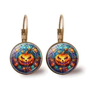 Detail view of vintage bronze leverback earrings with stained glass pumpkin pattern