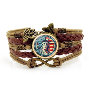 Retro Multilayer Woven Leather Bracelet Statue Of Liberty USA Flag Bronze Alloy Charms Infinity Butterfly Jewelry Souvenir Gift
