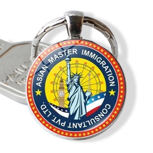 New York souvenir keychain with silver metal alloy base and glass globe city icons