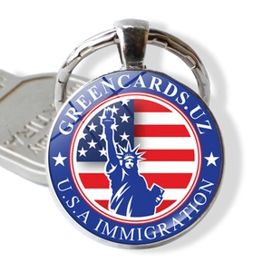 Close-up of New York souvenir keychain with US flag and Statue of Liberty design