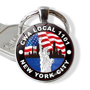 New York City keychain with Statue of Liberty and US flag in polished silver metal
