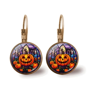 Leverback Earrings Vintage Antique Bronze Alloy Glass Cabochon Stained Glass Style Halloween Pumpkin Skull Jewelry For Women