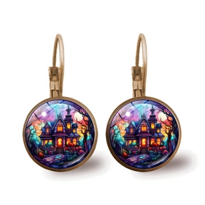 Gothic castle earrings with stained glass art design in bronze vintage metal frames