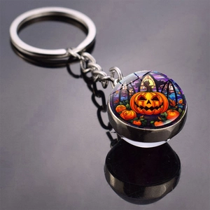 Halloween pumpkin lantern double-sided glass ball keychain with silver metal ring