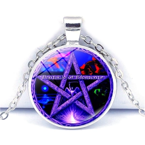 Silver pentacle of elements necklace with purple star pendant on a white background