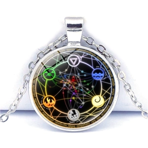 Detailed close-up of a silver pentagram magic necklace with glowing elemental symbols