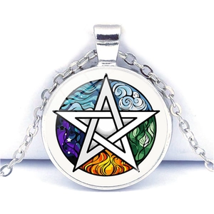 Detailed close-up of a silver pentagram necklace with a colorful star and nature element print