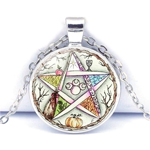 Detail of silver pentagram pendant with witch elements and spell script artwork