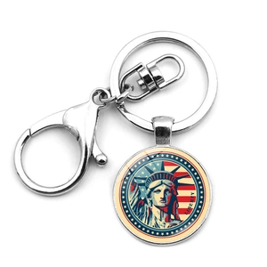 Statue Of Liberty US Flag Keychain Zinc Alloy Glass Round Pendant New York Souvenir Key Ring With Lobster Clasp