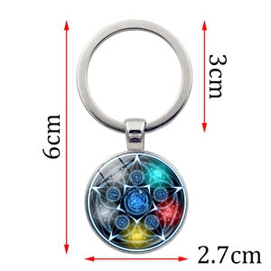 Macro detail of mystical pentagram glass dome keychain with 6cm total length measurements
