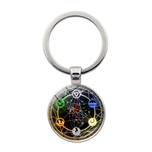 Detailed macro shot of a mystical pentagram alloy keychain with magical rune symbols