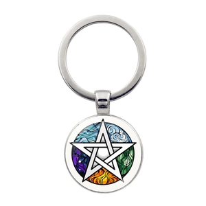 Macro detail of mystical pentagram glass pendant with colorful elemental illustration