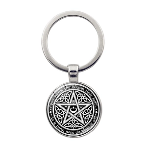 Silver pentagram keychain with Wiccan Rede circular pendant and Celtic knot pattern