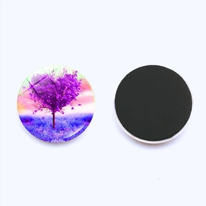 Round crystal glass tree of life fridge magnet with purple landscape and black magnetic back