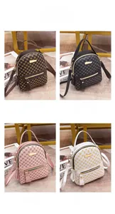 Four colors display of printed mini backpacks with gold hardware and logo pattern