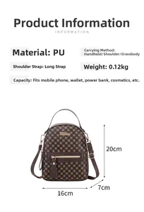 Detailed size chart and dimensions of the brown vintage printed multi-way mini backpack