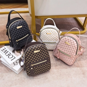 Mini Backpack Women PU Leather Geometric Monogram Print Retro Fashion Small Bookbag Urban Simple Style