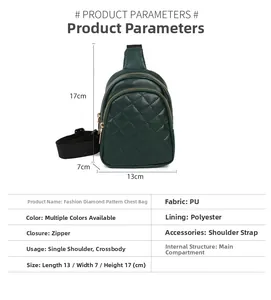 Detailed size specifications for dark green quilted PU leather sling bag with zipper