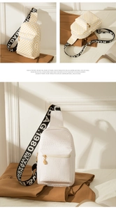 Detail of crocodile pattern crossbody bag and checkered sling bag with lettered straps