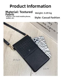 Crossbody phone bag detail with dimensions 19.5x11cm and hollow grid flap design