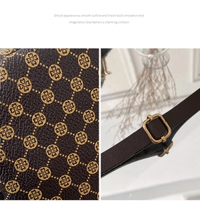 Close-up of litchi texture grain leather and golden metal buckle on crossbody bag