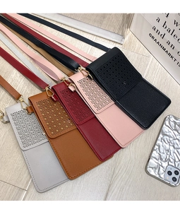 Detailed view of five color options for touchscreen crossbody phone bags with cut-out design