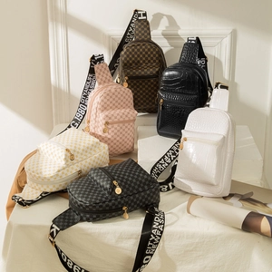 Women's Fashion PU Leather Chest Bag With Wide Letter Print Strap Crocodile Pattern Geometric Print Double Zipper Crossbody Bag Gold Hardware