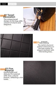 Detail showing the fine PU leather texture, tassel ornament, and metal hardware of the bag