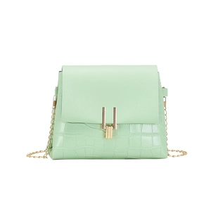 Mint green crocodile pattern crossbody bag with gold chain and metal buckle detail
