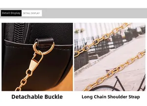 Detail of detachable metal clasp and golden chain strap on black lychee leather bag