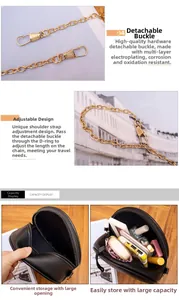 Detail of adjustable gold-plated chain strap and hook on black quilted PU leather bag