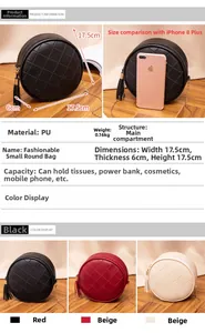 Detailed view of quilted PU leather round bag with tassel and chain strap dimensions