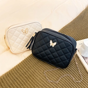Women's PU Leather Quilted Rhombus Crossbody Bag Butterfly Decoration Tassel Gold Chain Small Square Shoulder Bag