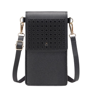 Women Minimalist PU Leather Touch Screen Phone Bag Laser Cut Hollow Crossbody Shoulder Bag With Adjustable Strap Gold Hardware