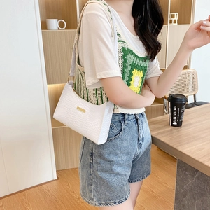 White crocodile pattern underarm shoulder bag with gold metal plaque and zipper