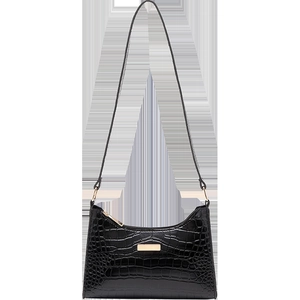 Chic black crocodile pattern baguette shoulder bag with gold hardware and flap closure