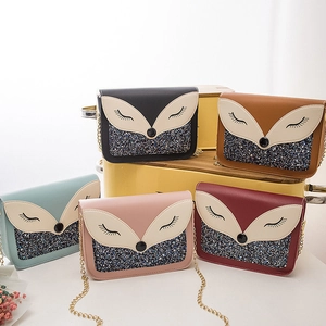 Petit Sac à Bandoulière Carré en Similicuir PU avec Paillettes et Renard de Dessin Animé pour Femme Chaîne en Métal Doré