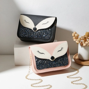 Sacs à bandoulière chics en forme de renard avec paillettes, noir et rose, chaînes d'or