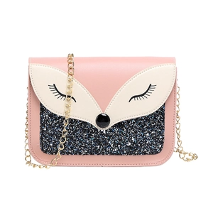 Petit sac bandoulière renard à paillettes en cuir rose et crème avec chaîne dorée
